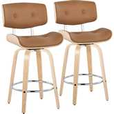 Lombardi 26" Swivel Counter Stool Natural Wood & Camel Leatherette with Chrome Footrest (Set of 2)